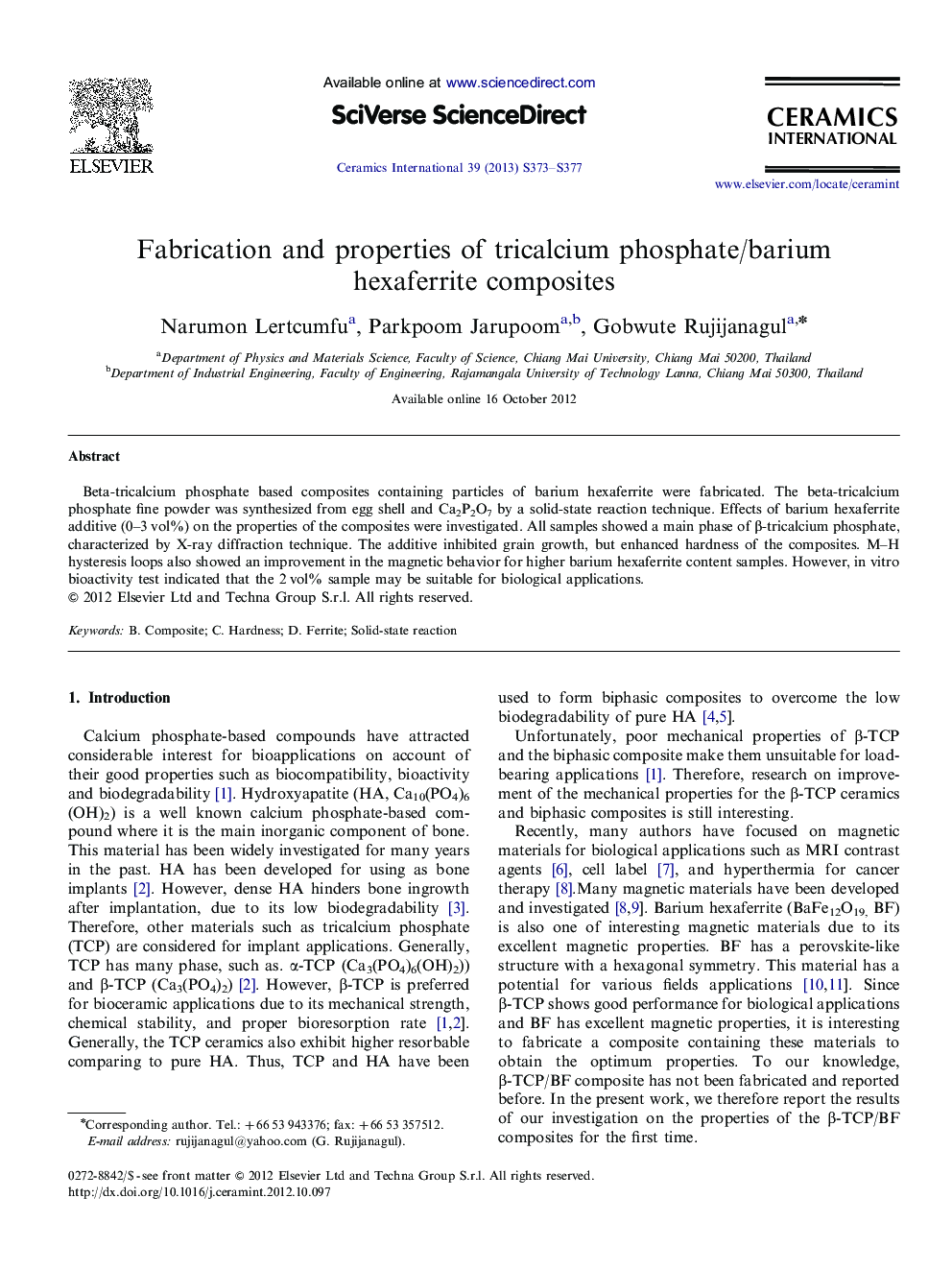 Fabrication and properties of tricalcium phosphate/barium hexaferrite composites