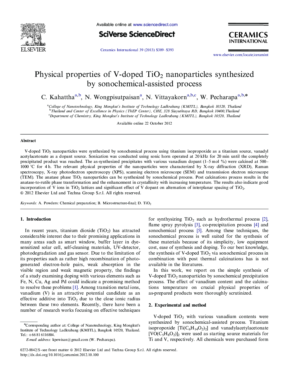 Physical properties of V-doped TiO2 nanoparticles synthesized by sonochemical-assisted process