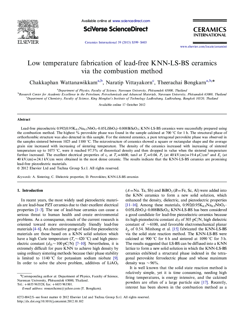 Low temperature fabrication of lead-free KNN-LS-BS ceramics via the combustion method