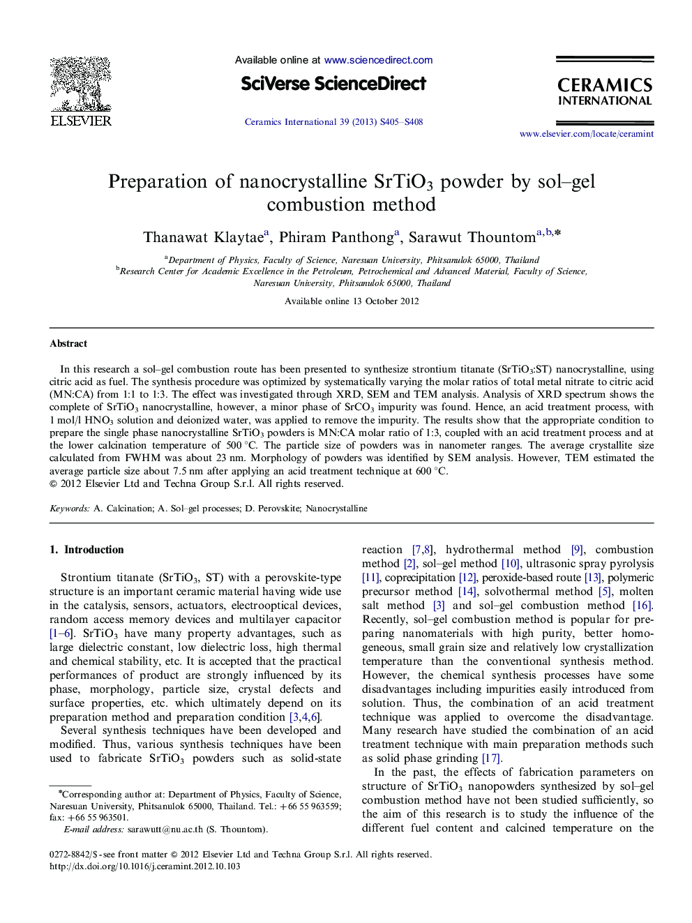 Preparation of nanocrystalline SrTiO3 powder by sol–gel combustion method