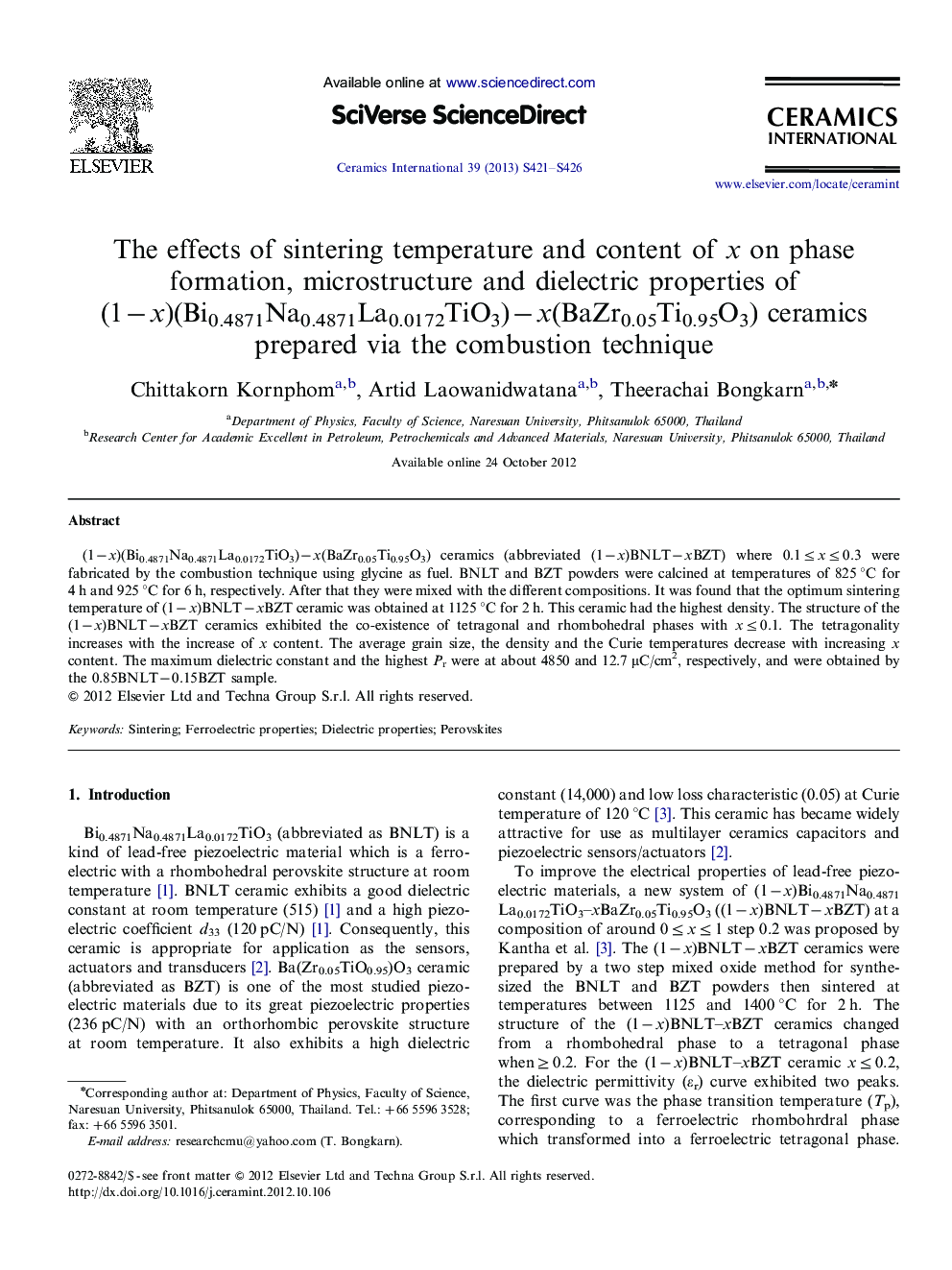 The effects of sintering temperature and content of x on phase formation, microstructure and dielectric properties of (1−x)(Bi0.4871Na0.4871La0.0172TiO3)−x(BaZr0.05Ti0.95O3) ceramics prepared via the combustion technique
