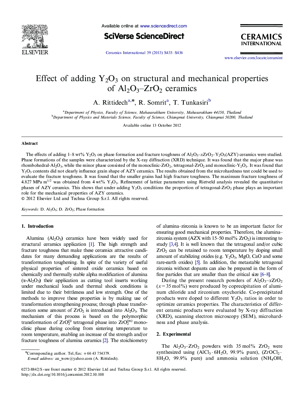 Effect of adding Y2O3 on structural and mechanical properties of Al2O3–ZrO2 ceramics