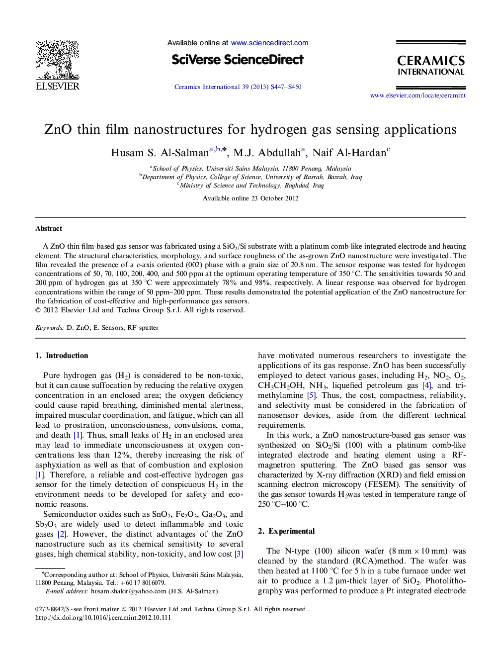 ZnO thin film nanostructures for hydrogen gas sensing applications
