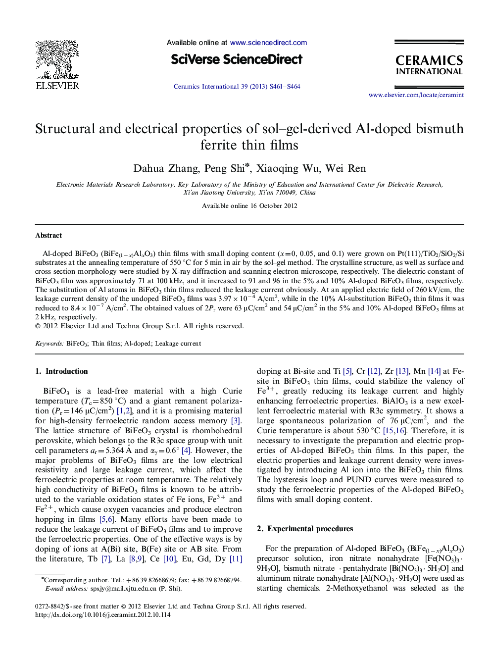 Structural and electrical properties of sol–gel-derived Al-doped bismuth ferrite thin films