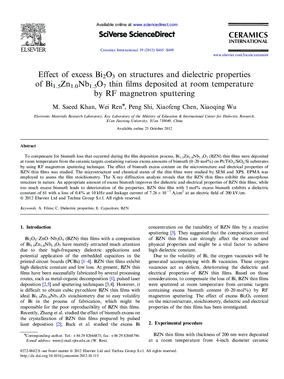 Effect of excess Bi2O3 on structures and dielectric properties of Bi1.5Zn1.0Nb1.5O7 thin films deposited at room temperature by RF magnetron sputtering