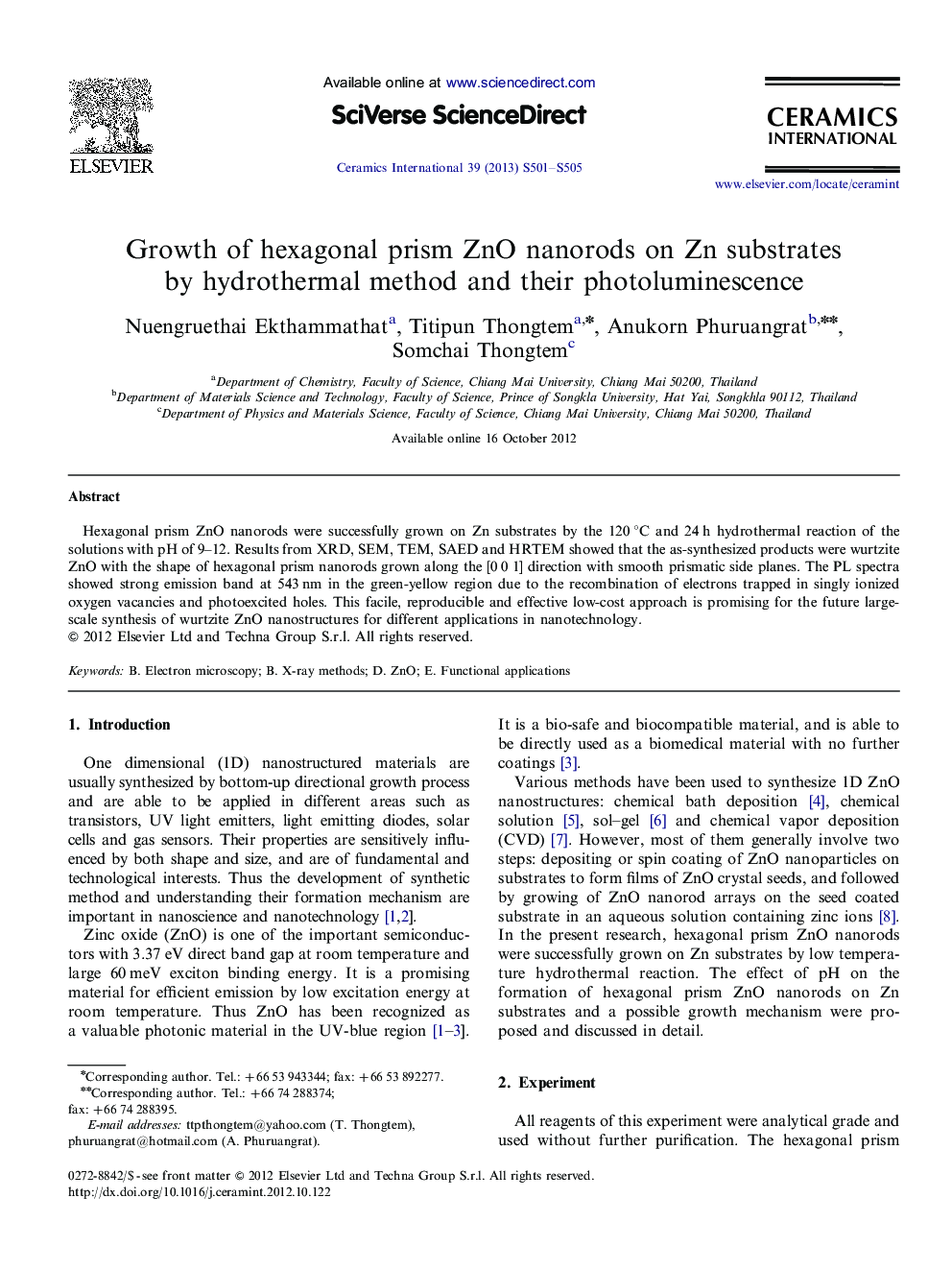 Growth of hexagonal prism ZnO nanorods on Zn substrates by hydrothermal method and their photoluminescence