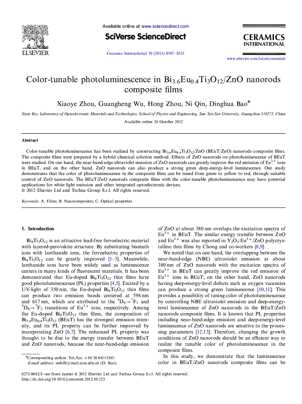 Color-tunable photoluminescence in Bi3.6Eu0.4Ti3O12/ZnO nanorods composite films