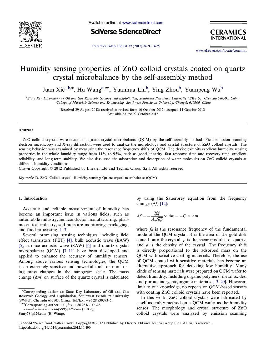 Humidity sensing properties of ZnO colloid crystals coated on quartz crystal microbalance by the self-assembly method