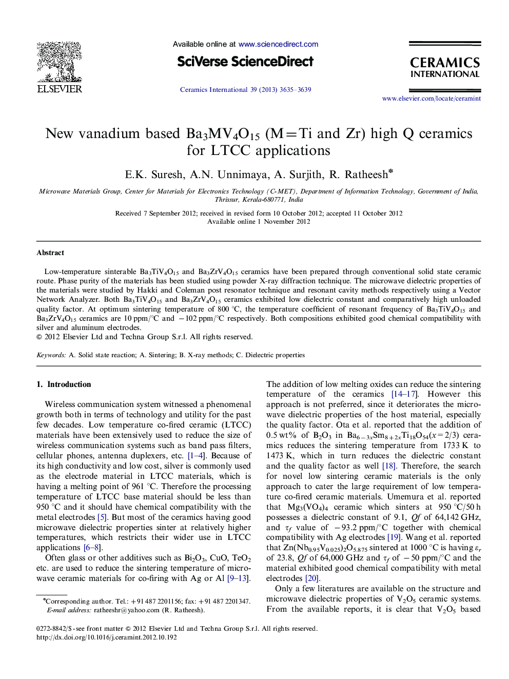 New vanadium based Ba3MV4O15 (M=Ti and Zr) high Q ceramics for LTCC applications