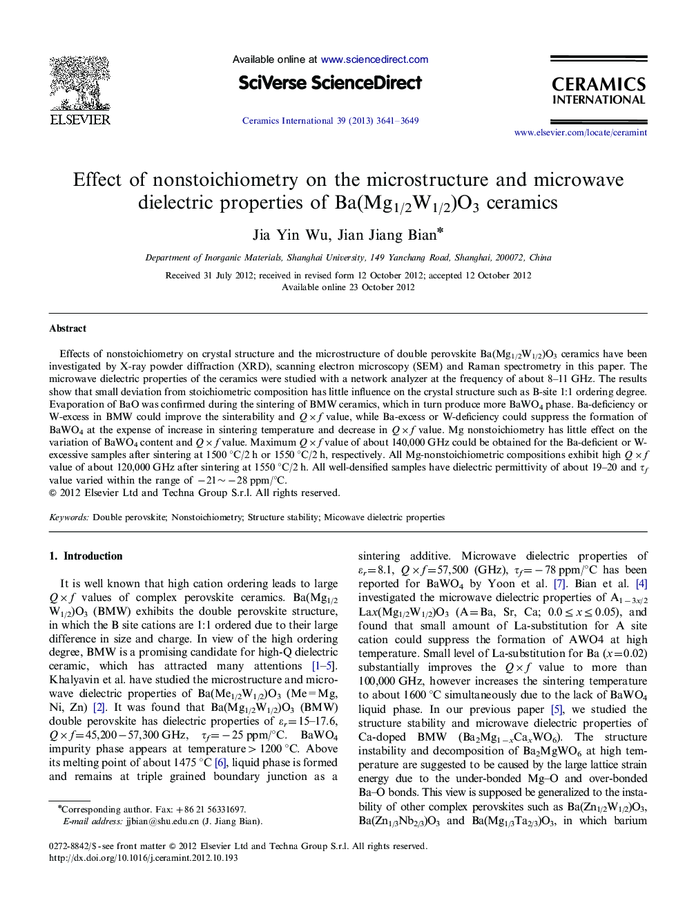 Effect of nonstoichiometry on the microstructure and microwave dielectric properties of Ba(Mg1/2W1/2)O3 ceramics