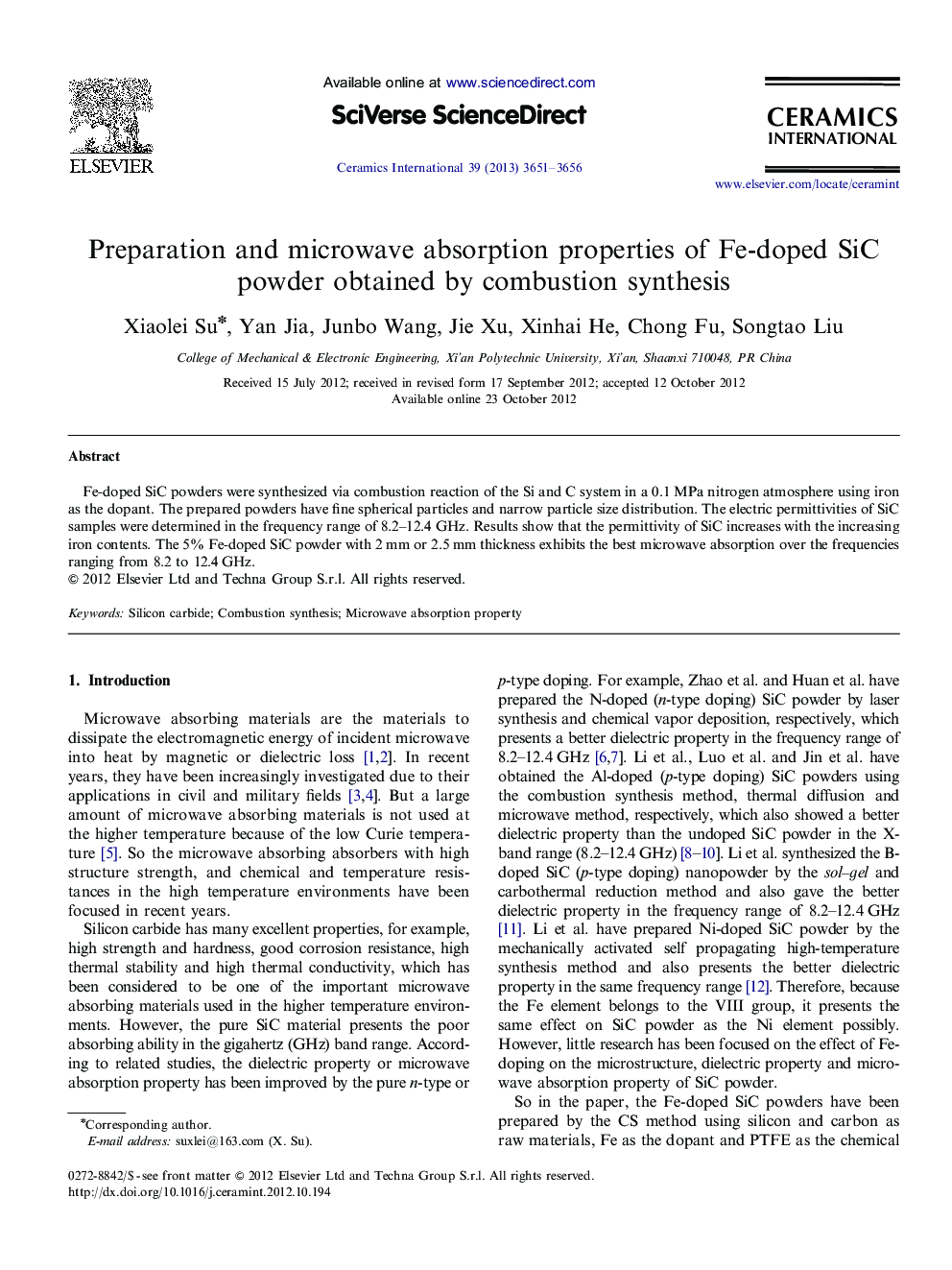 Preparation and microwave absorption properties of Fe-doped SiC powder obtained by combustion synthesis