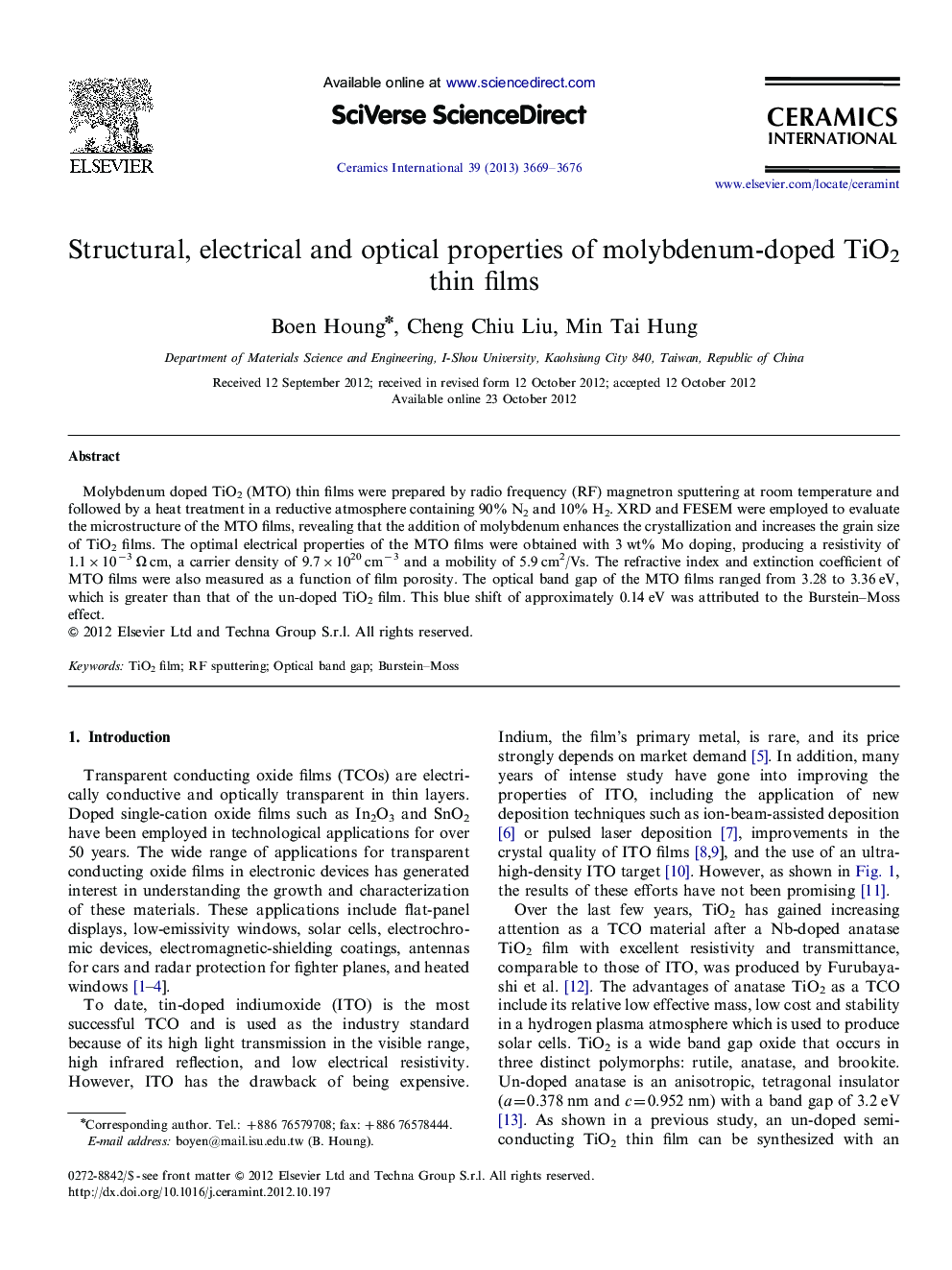 Structural, electrical and optical properties of molybdenum-doped TiO2 thin films