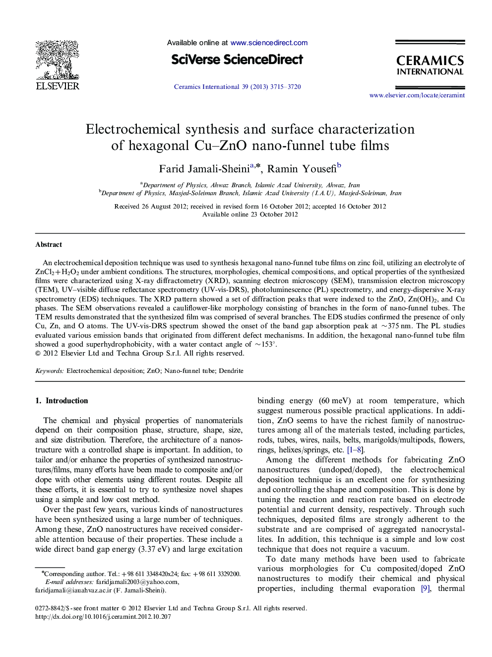 عکس صفحه اول مقاله: Electrochemical synthesis and surface characterization of hexagonal Cu–ZnO nano-funnel tube films Electrochemical synthesis and surface characterization of hexagonal Cu–ZnO nano-funnel tube films