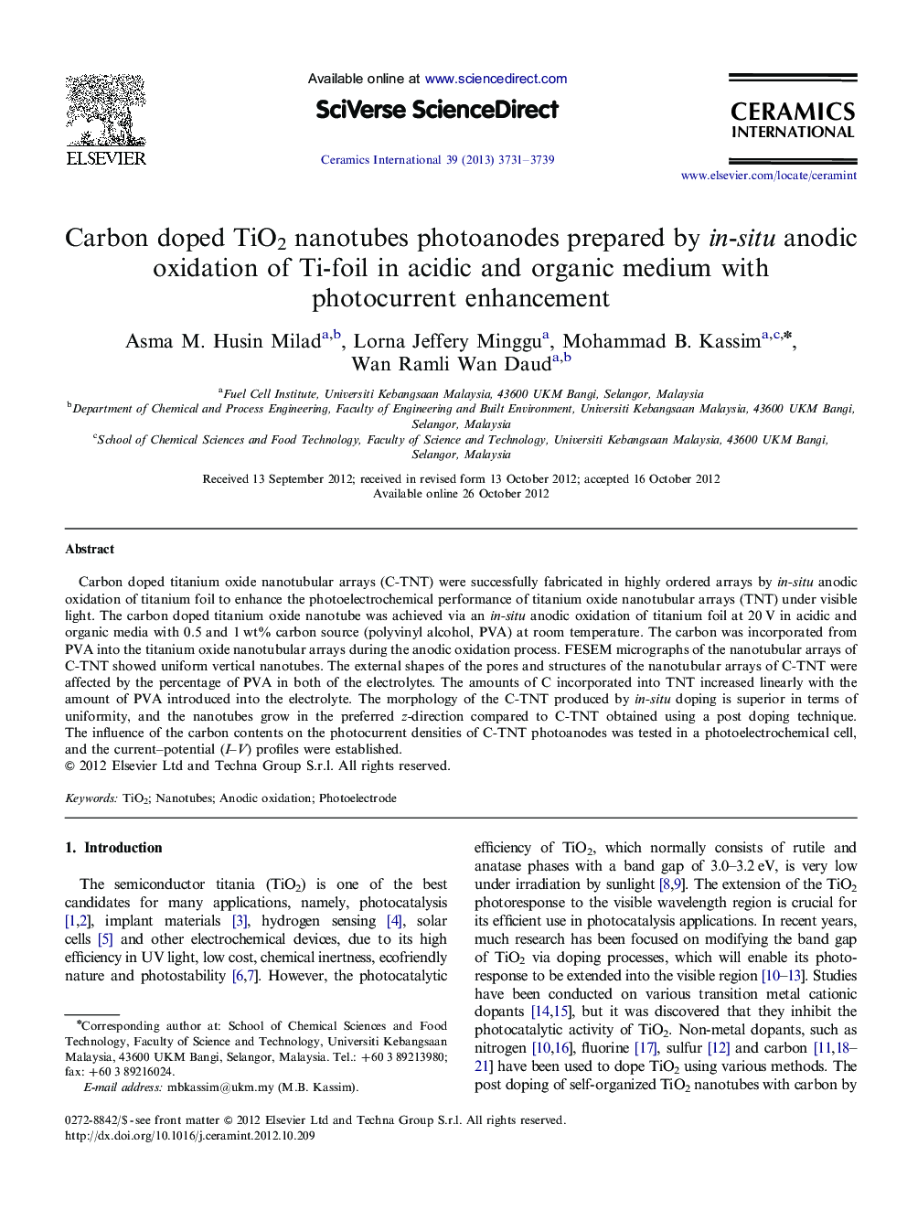 Carbon doped TiO2 nanotubes photoanodes prepared by in-situ anodic oxidation of Ti-foil in acidic and organic medium with photocurrent enhancement