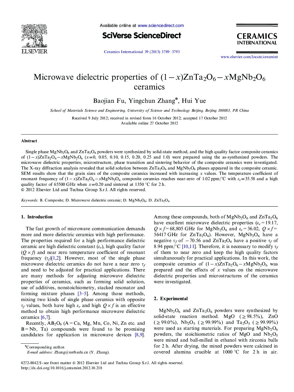 Microwave dielectric properties of (1−x)ZnTa2O6−xMgNb2O6 ceramics