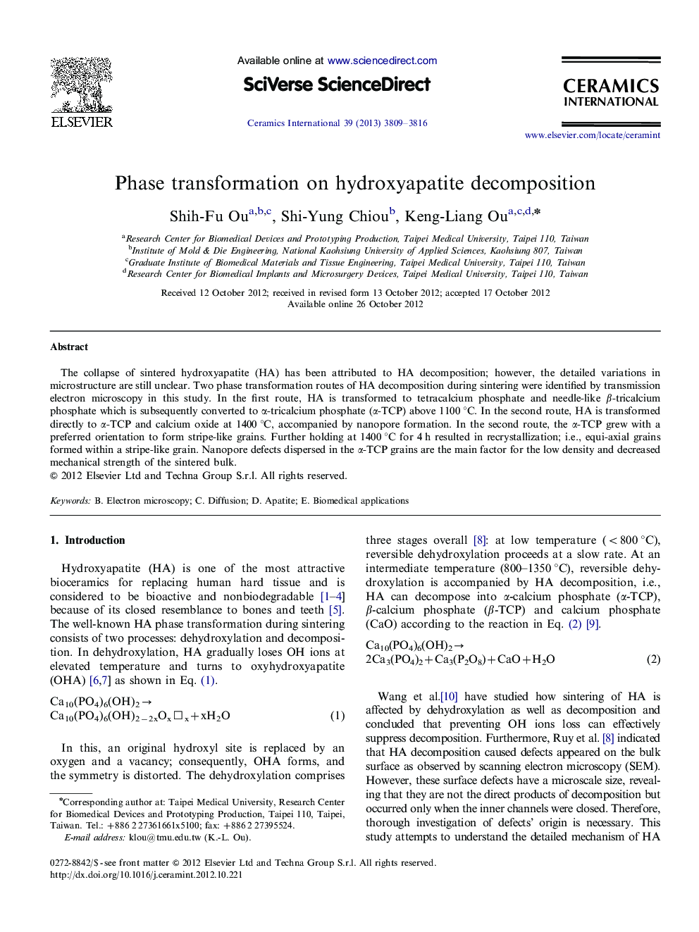 Phase transformation on hydroxyapatite decomposition