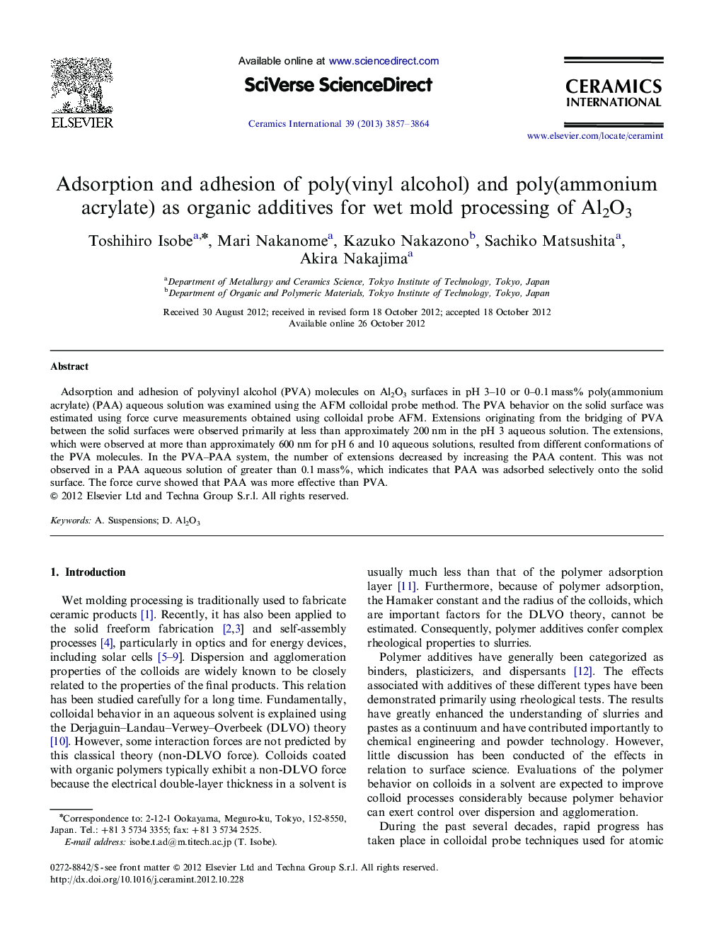 Adsorption and adhesion of poly(vinyl alcohol) and poly(ammonium acrylate) as organic additives for wet mold processing of Al2O3