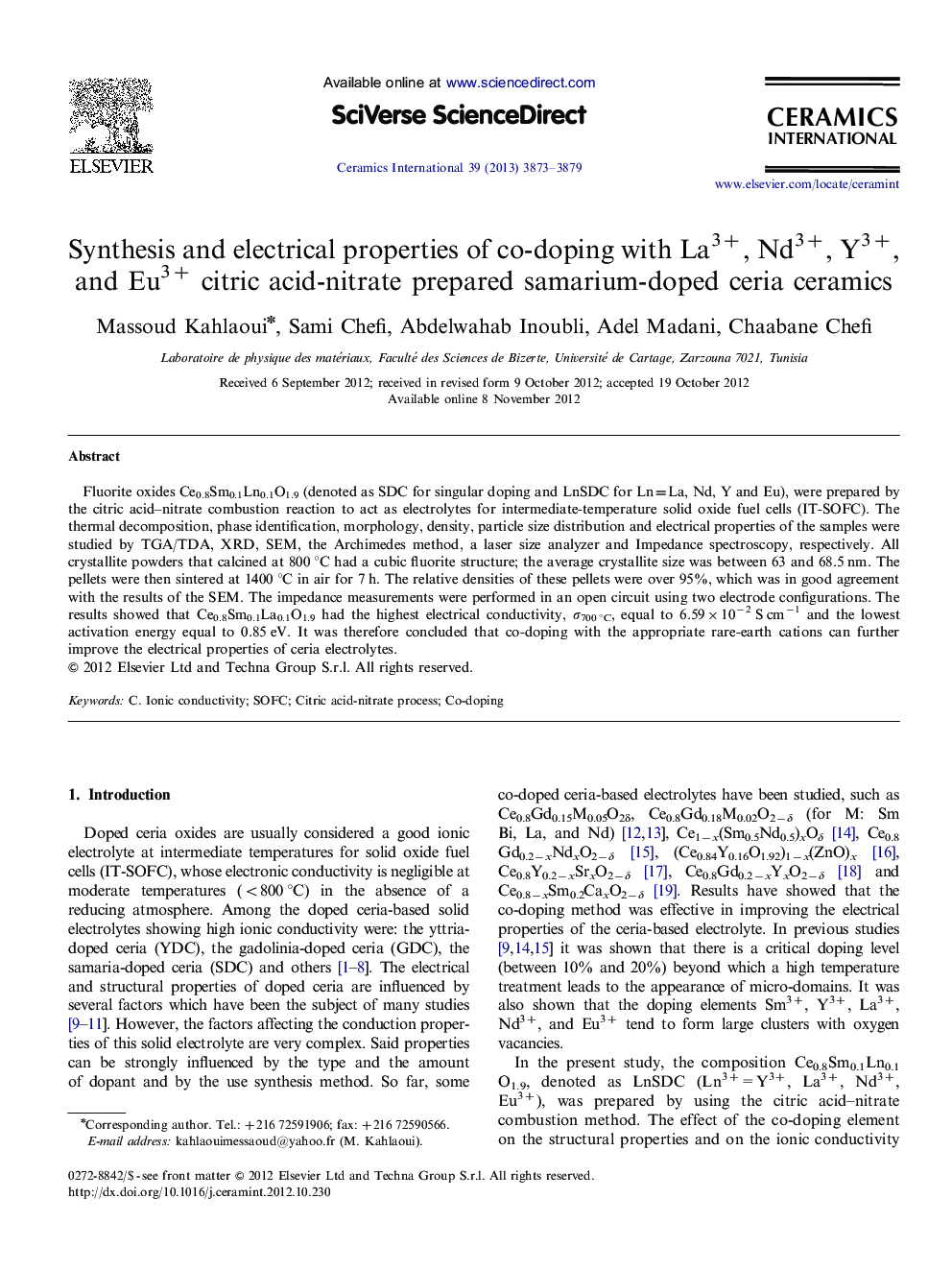 Synthesis and electrical properties of co-doping with La3+, Nd3+, Y3+, and Eu3+ citric acid-nitrate prepared samarium-doped ceria ceramics