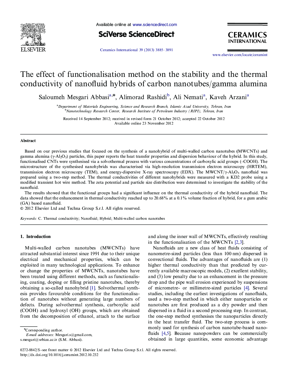 The effect of functionalisation method on the stability and the thermal conductivity of nanofluid hybrids of carbon nanotubes/gamma alumina