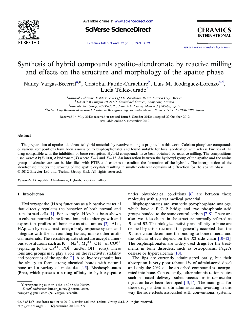 Synthesis of hybrid compounds apatite–alendronate by reactive milling and effects on the structure and morphology of the apatite phase