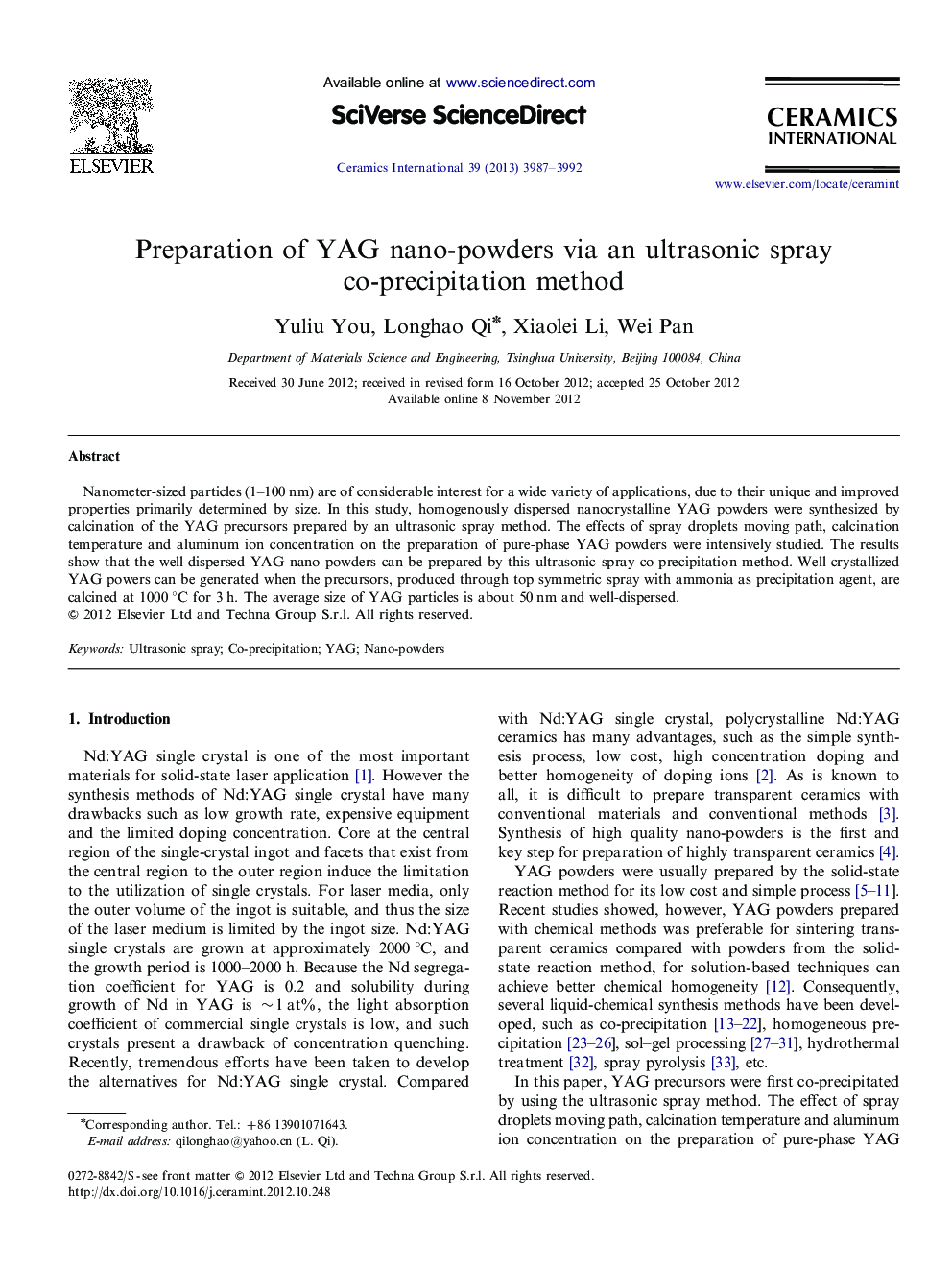 Preparation of YAG nano-powders via an ultrasonic spray co-precipitation method