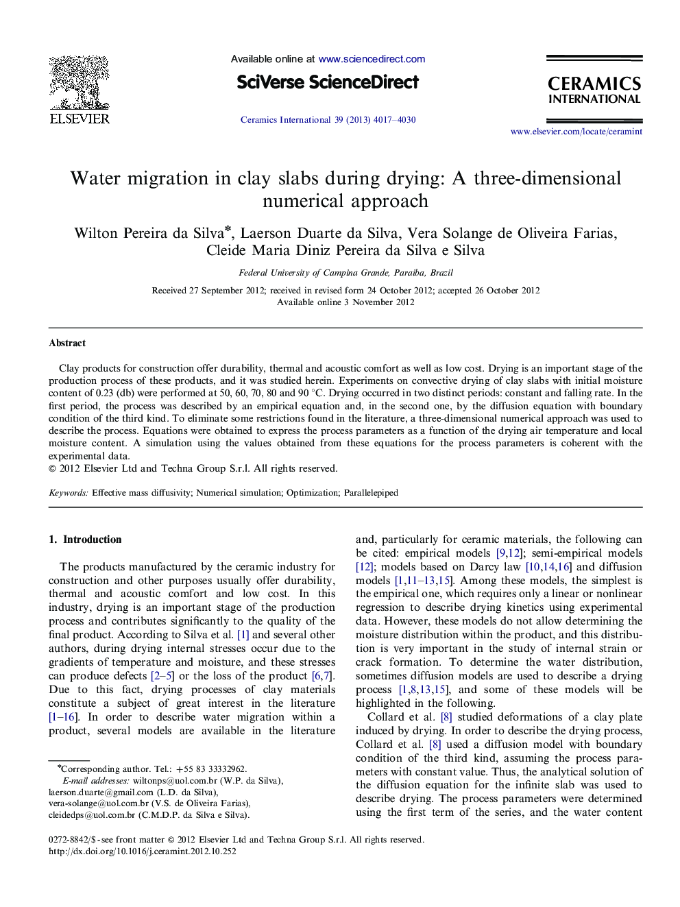 Water migration in clay slabs during drying: A three-dimensional numerical approach