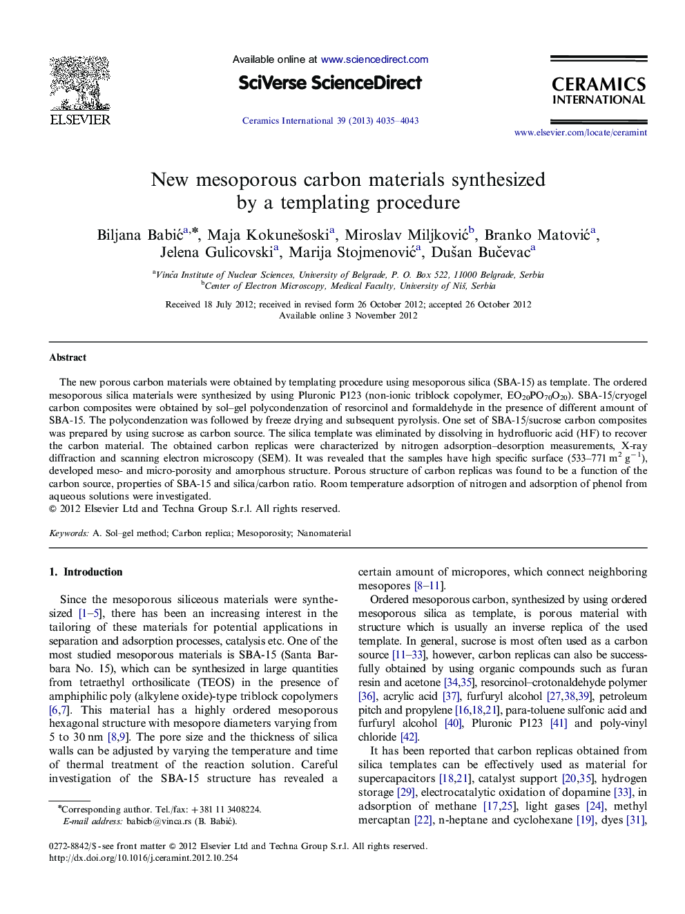 New mesoporous carbon materials synthesized by a templating procedure