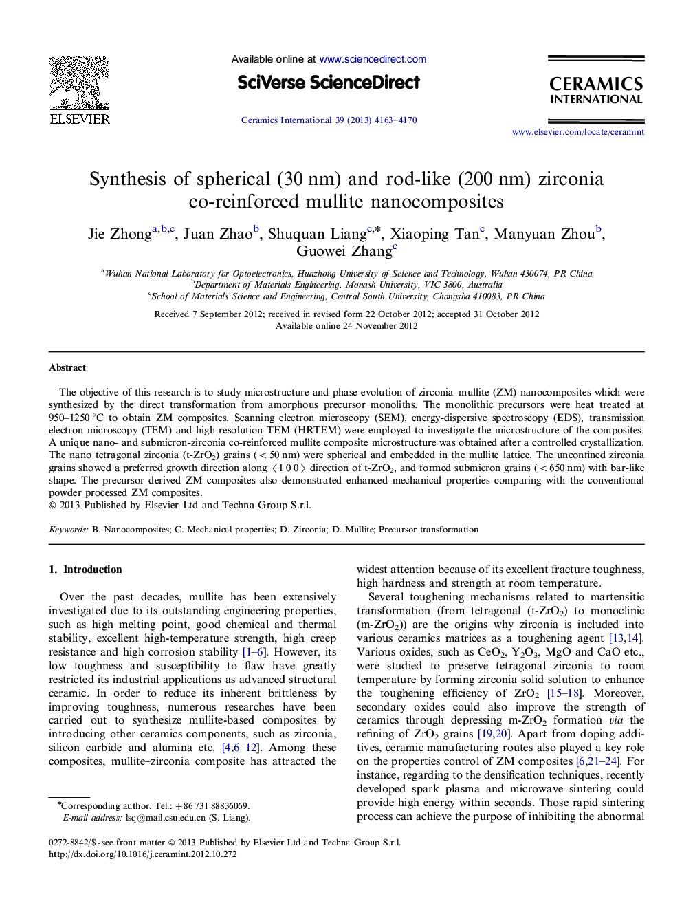 Synthesis of spherical (30 nm) and rod-like (200 nm) zirconia co-reinforced mullite nanocomposites