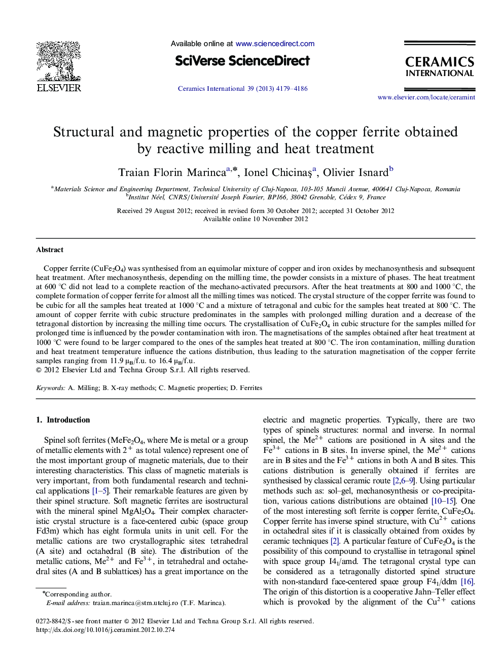 Structural and magnetic properties of the copper ferrite obtained by reactive milling and heat treatment