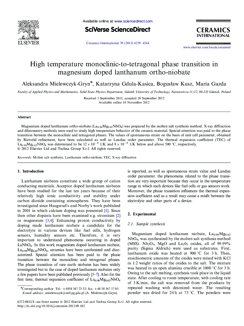 High temperature monoclinic-to-tetragonal phase transition in magnesium doped lanthanum ortho-niobate