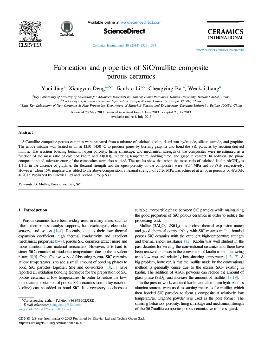 Fabrication and properties of SiC/mullite composite porous ceramics