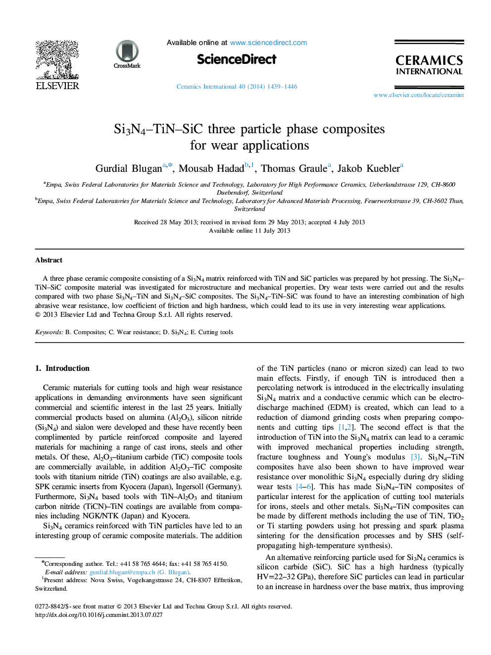 Si3N4–TiN–SiC three particle phase composites for wear applications