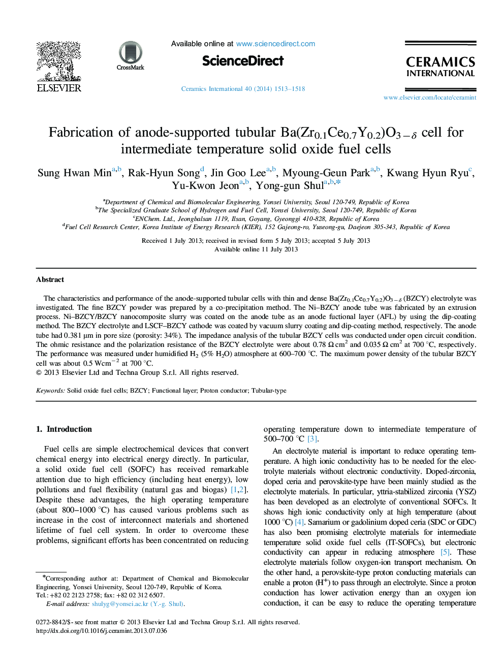 Fabrication of anode-supported tubular Ba(Zr0.1Ce0.7Y0.2)O3−δ cell for intermediate temperature solid oxide fuel cells