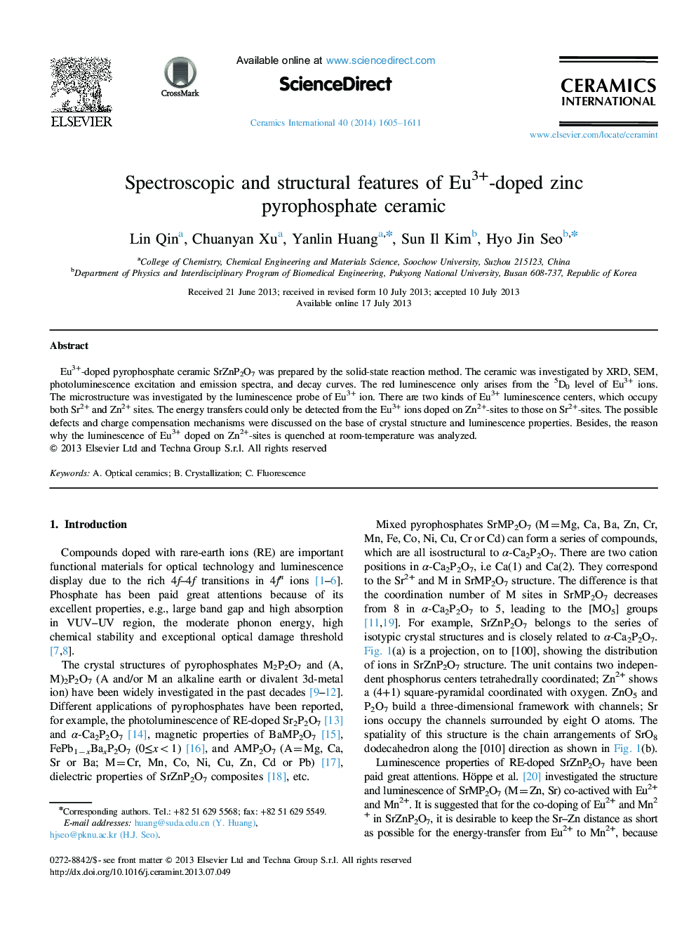 عکس صفحه اول مقاله: Spectroscopic and structural features of Eu3+-doped zinc pyrophosphate ceramic Spectroscopic and structural features of Eu3+-doped zinc pyrophosphate ceramic