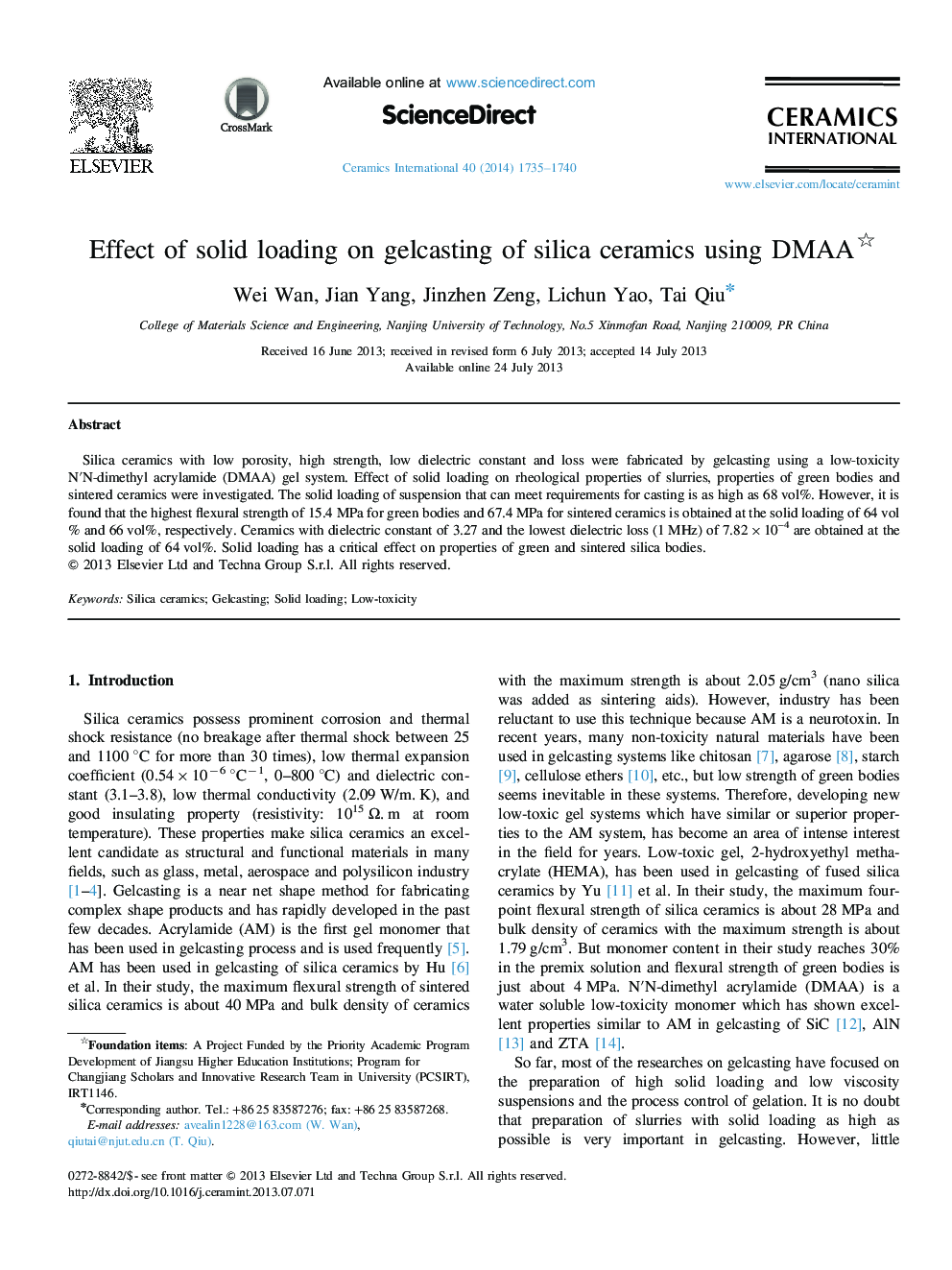Effect of solid loading on gelcasting of silica ceramics using DMAA 
