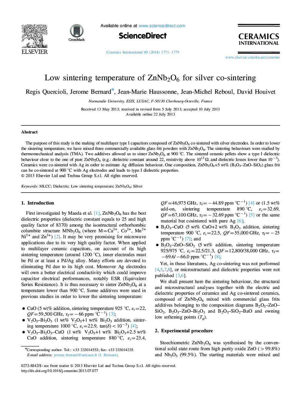 Low sintering temperature of ZnNb2O6 for silver co-sintering