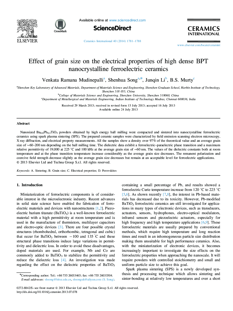 Effect of grain size on the electrical properties of high dense BPT nanocrystalline ferroelectric ceramics