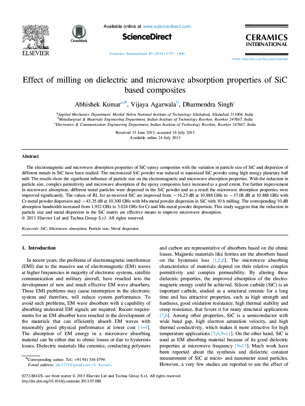Effect of milling on dielectric and microwave absorption properties of SiC based composites