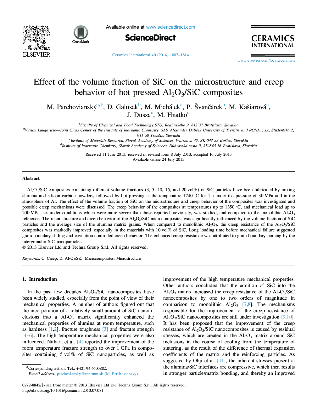 Effect of the volume fraction of SiC on the microstructure and creep behavior of hot pressed Al2O3/SiC composites