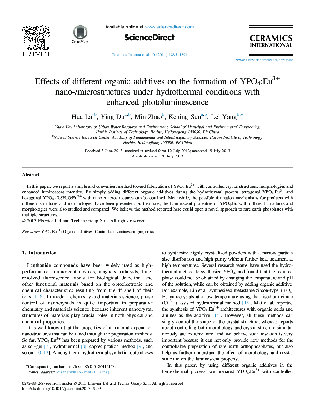 Effects of different organic additives on the formation of YPO4:Eu3+ nano-/microstructures under hydrothermal conditions with enhanced photoluminescence