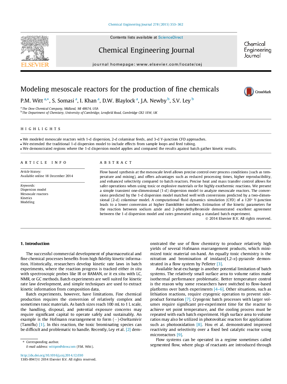 Modeling mesoscale reactors for the production of fine chemicals