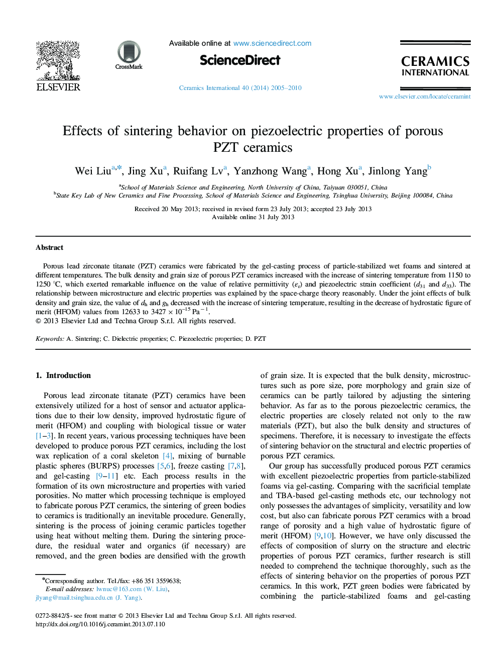 Effects of sintering behavior on piezoelectric properties of porous PZT ceramics