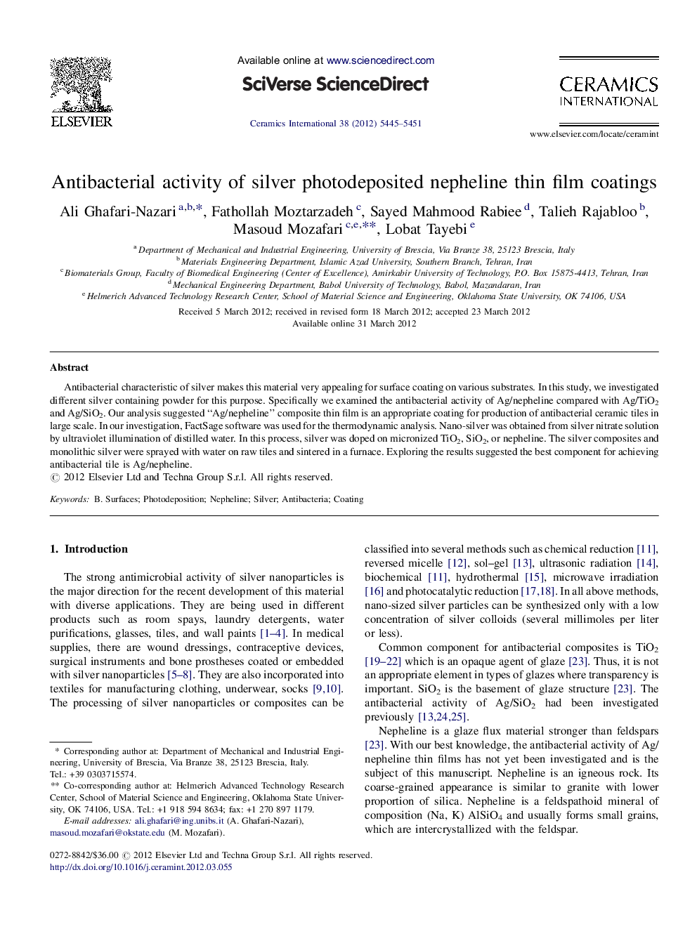 Antibacterial activity of silver photodeposited nepheline thin film coatings