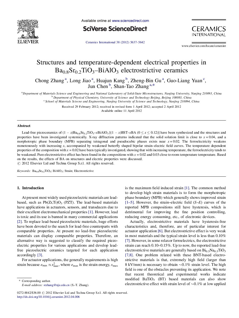 Structures and temperature-dependent electrical properties in Ba0.8Sr0.2TiO3-BiAlO3 electrostrictive ceramics