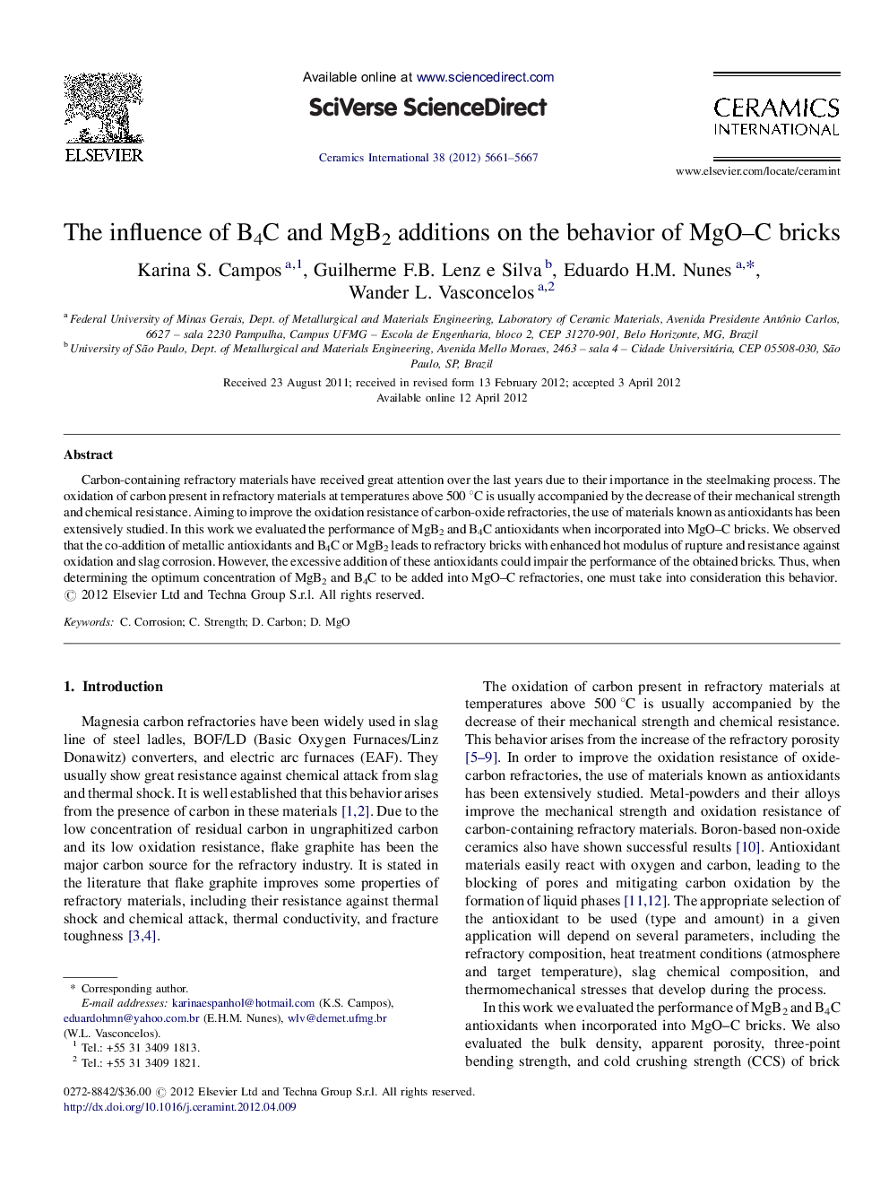 The influence of B4C and MgB2 additions on the behavior of MgO–C bricks