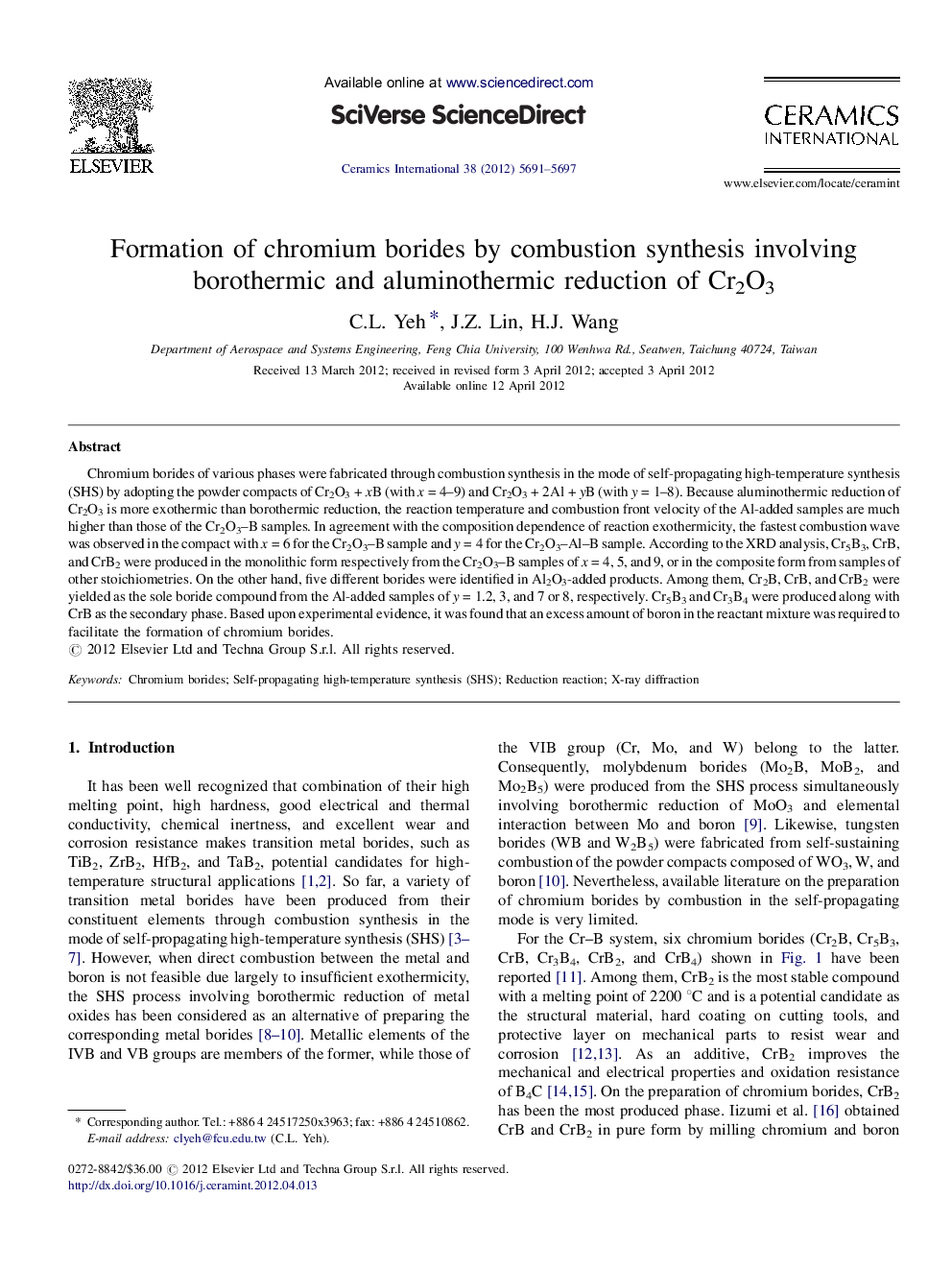 Formation of chromium borides by combustion synthesis involving borothermic and aluminothermic reduction of Cr2O3