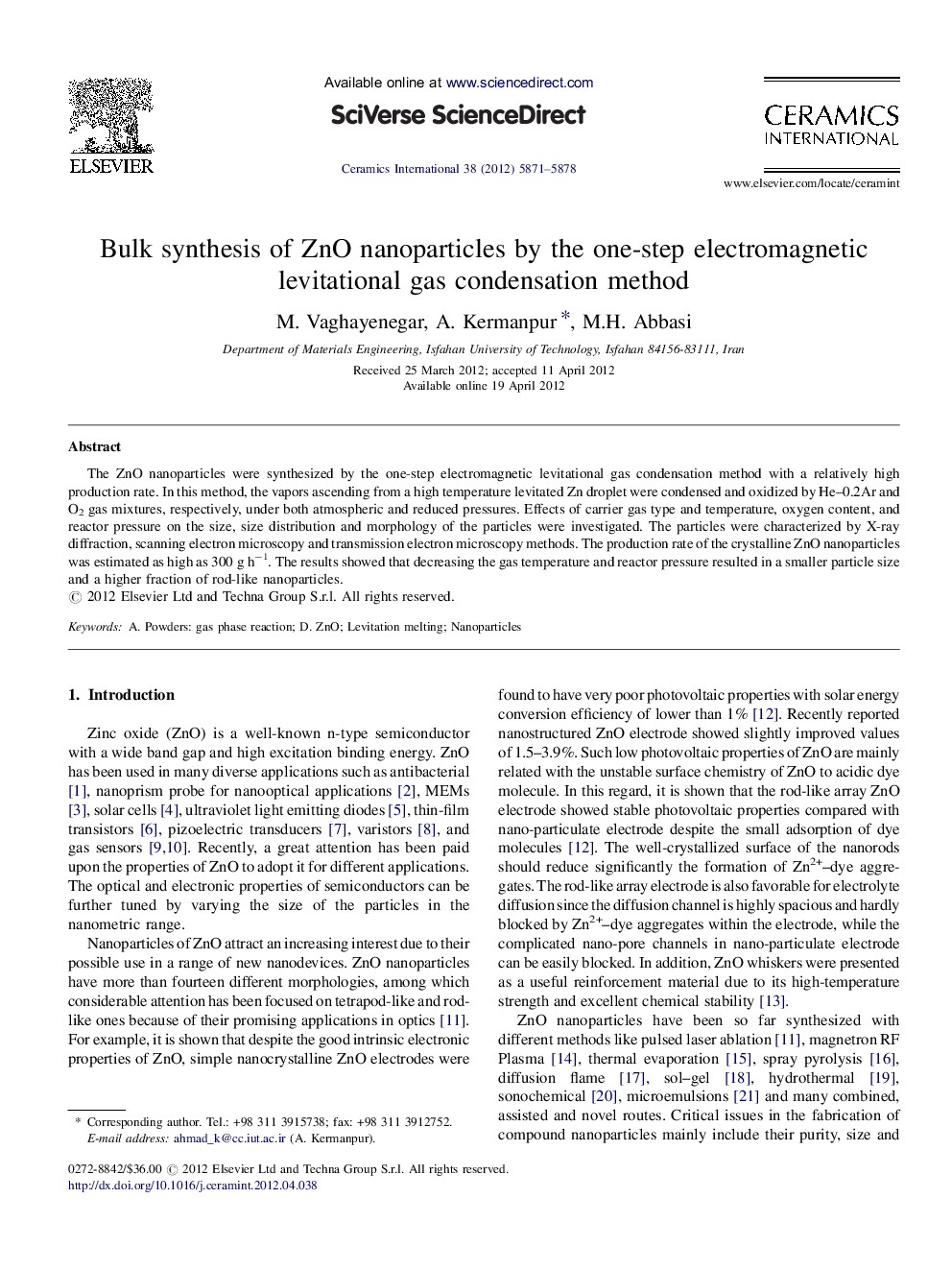 Bulk synthesis of ZnO nanoparticles by the one-step electromagnetic levitational gas condensation method