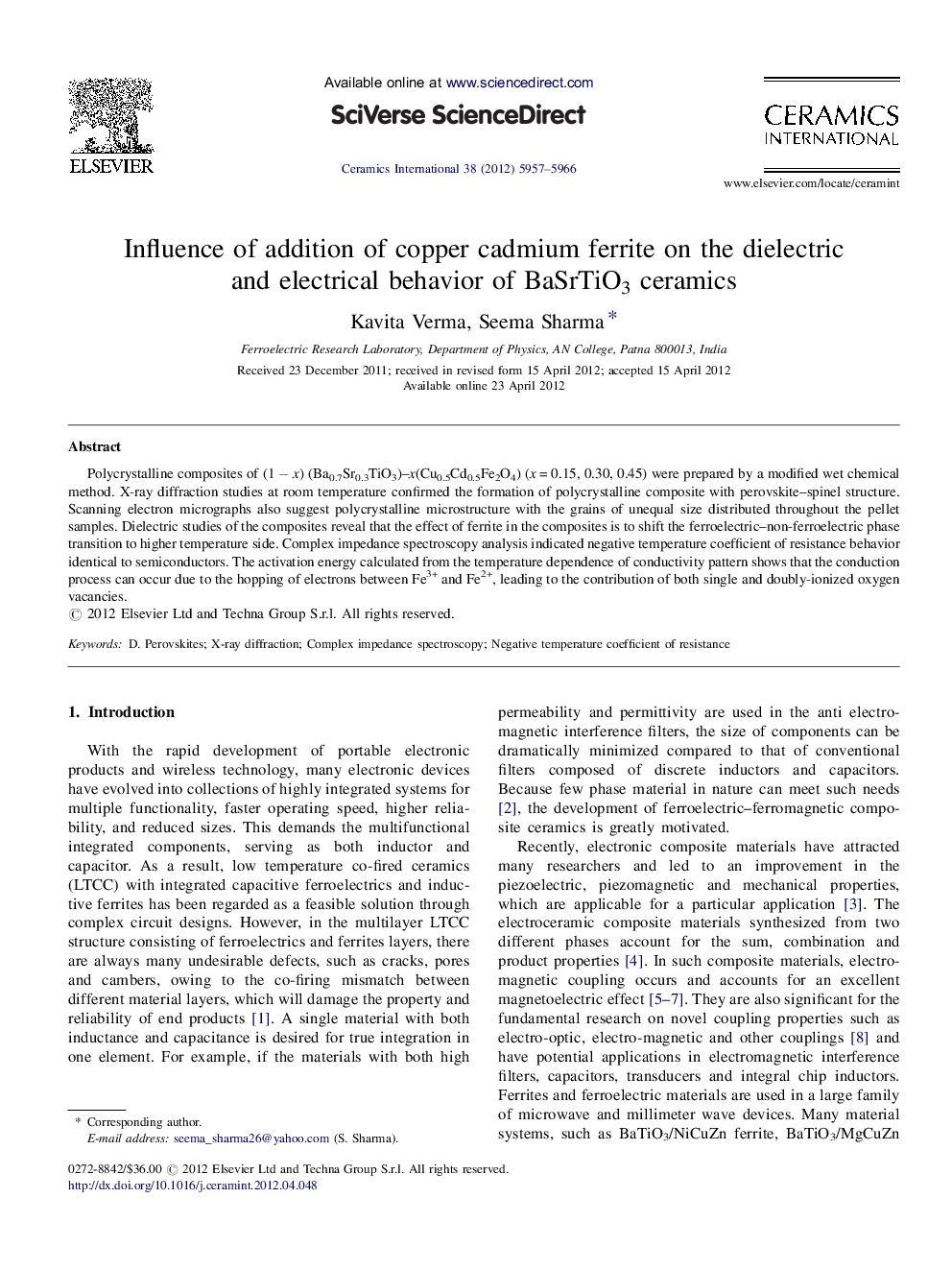 Influence of addition of copper cadmium ferrite on the dielectric and electrical behavior of BaSrTiO3 ceramics