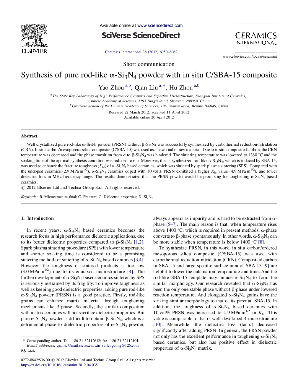 Synthesis of pure rod-like α-Si3N4 powder with in situ C/SBA-15 composite