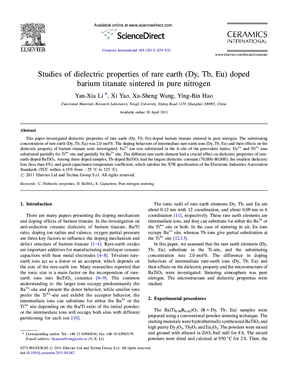 Studies of dielectric properties of rare earth (Dy, Tb, Eu) doped barium titanate sintered in pure nitrogen